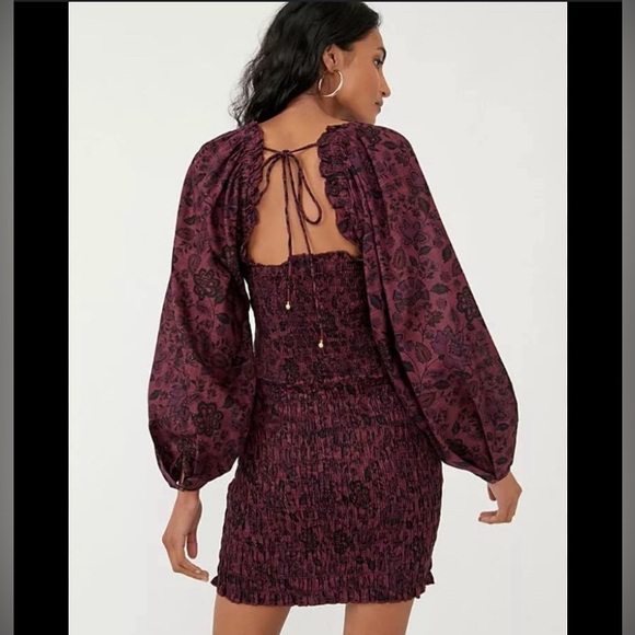 Free People Floral-print Smock It to Me Balloon-sleeve Mini Dress SZ LARGE - Picture 2 of 5